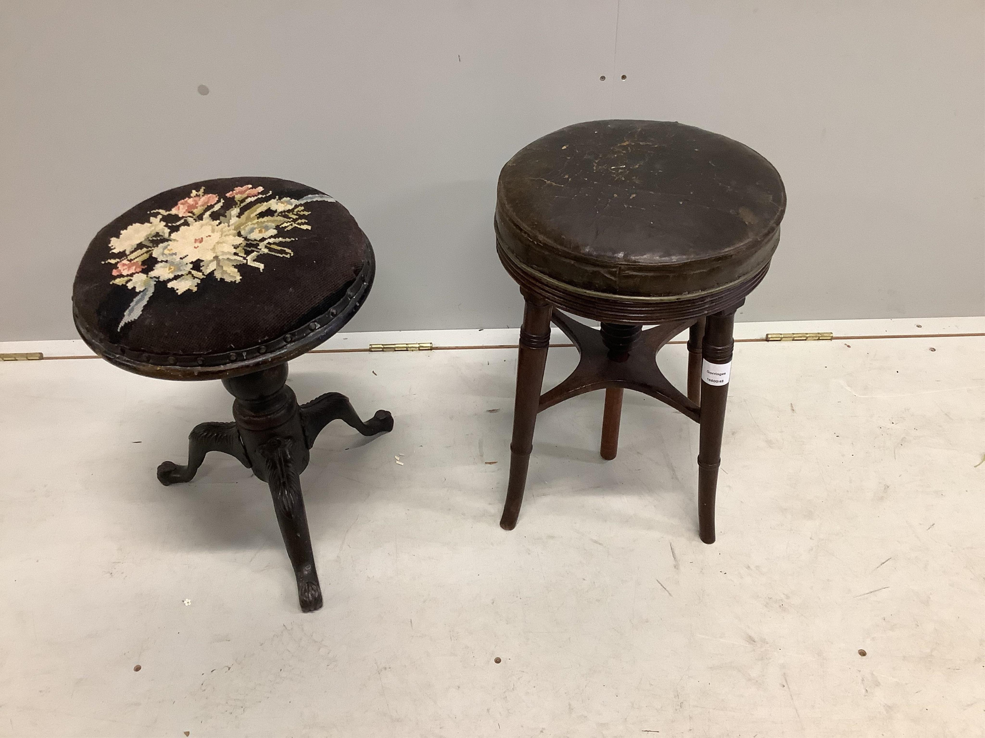 A Regency mahogany circular adjustable piano stool and a Victorian beech and cast iron piano stool. Condition - poor to fair